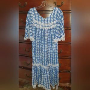 Vtg BOHO BLUE Lace Cornflower House Dress sz Small